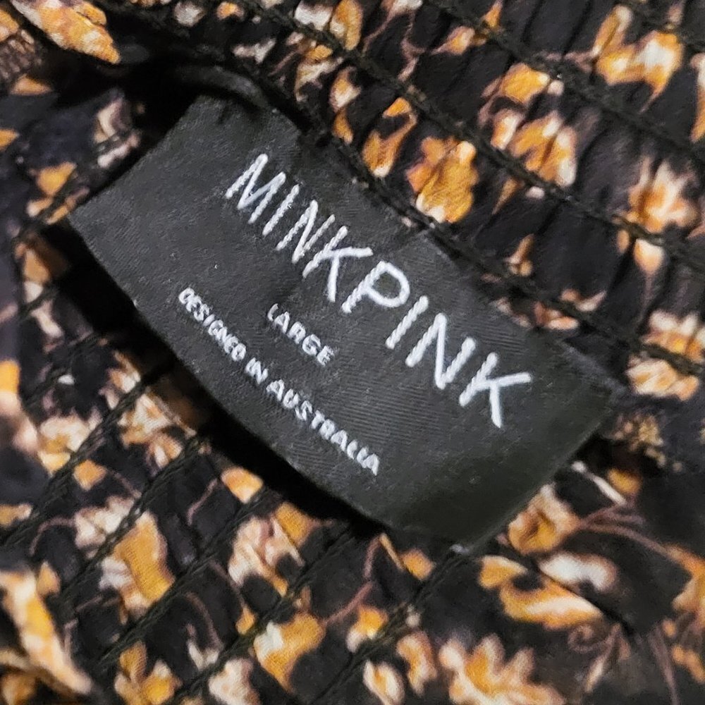 Mira Shirred Blouse MINKPINK sheer Black/Brown high collared Blouse Sz: L NWT - Picture 10 of 11